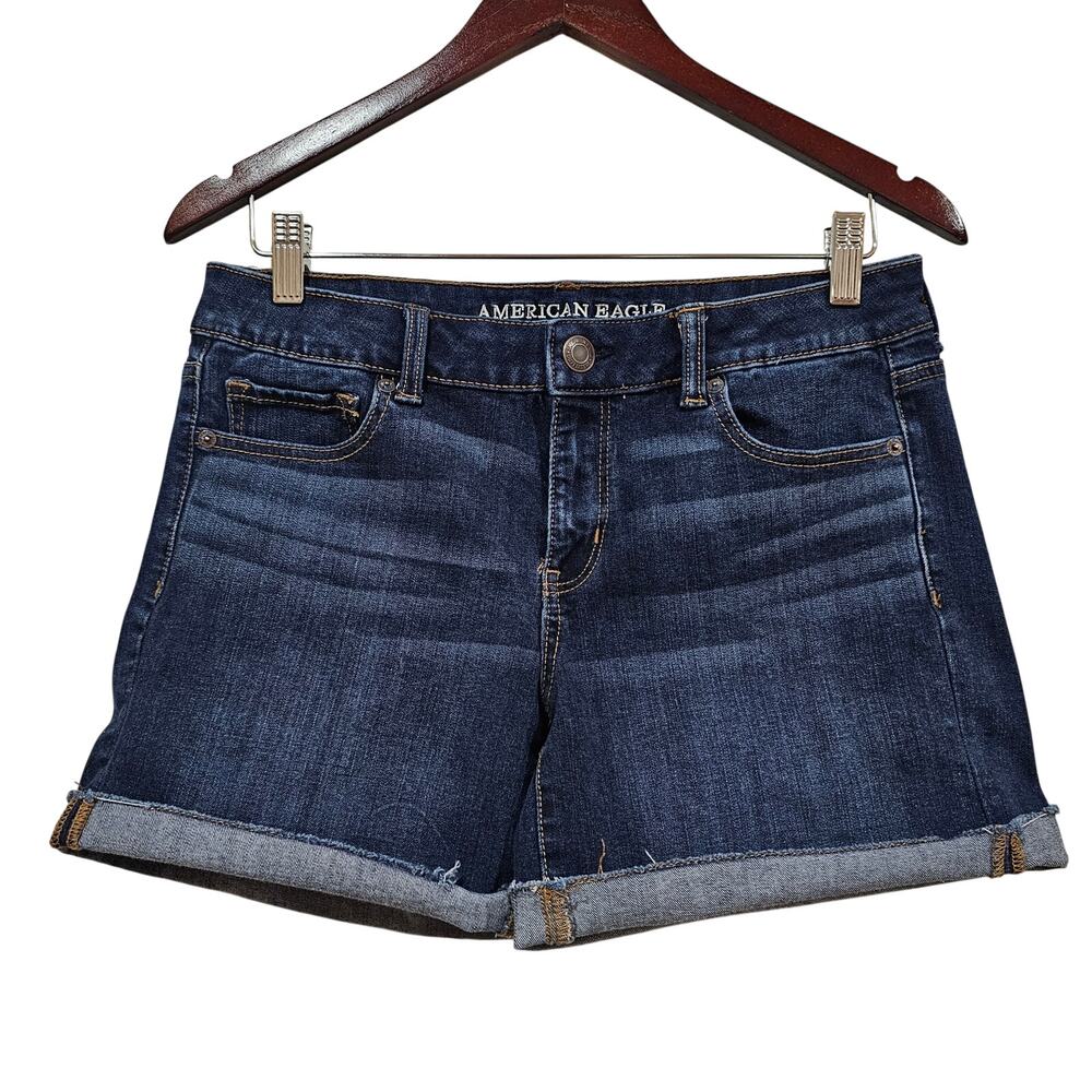 American Eagle Midi Denim Shorts Size 10 High Rise Cuffed Stretch